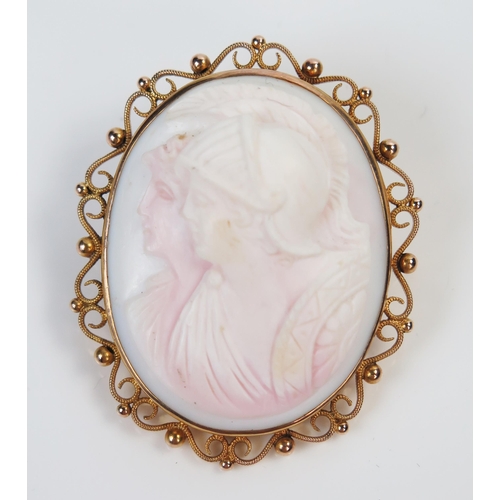 43 - 9ct Gold Shell Cameo Brooch decorated with twin classical busts, 47x37mm, 14.9g