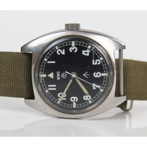 435 - MWC British Military Wristwatch, the 35.5mm case back no. 6BB-6645-99 523-8290, military crows foot ... 