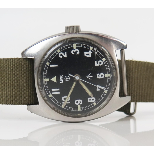 435 - MWC British Military Wristwatch, the 35.5mm case back no. 6BB-6645-99 523-8290, military crows foot ... 