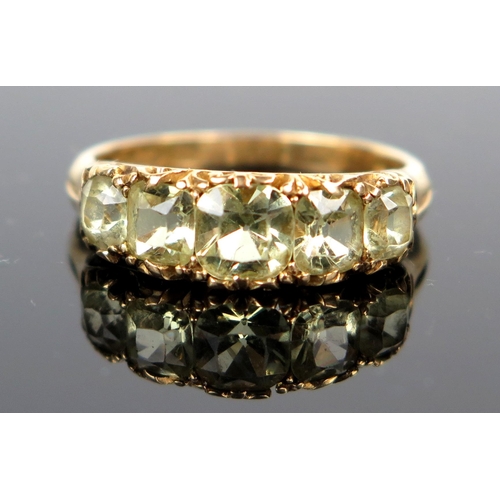 47 - Victorian 18ct Gold Five Pale Yellow Stone Ring (tourmaline? tested on Presidium), Birmingham 1876, ... 