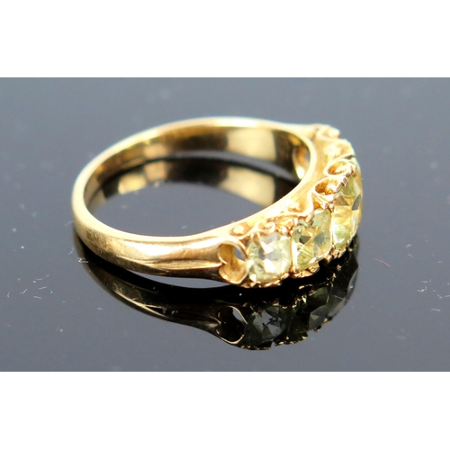 47 - Victorian 18ct Gold Five Pale Yellow Stone Ring (tourmaline? tested on Presidium), Birmingham 1876, ... 