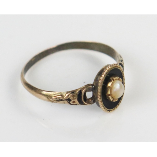 48 - Georgian Memorial Ring with black enamel and pearl decoration in an unmarked yellow metal setting, s... 