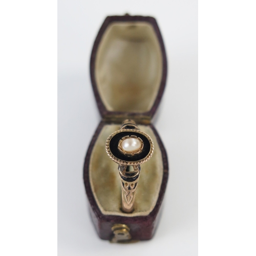 48 - Georgian Memorial Ring with black enamel and pearl decoration in an unmarked yellow metal setting, s... 