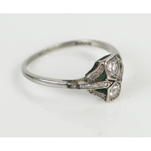 50 - Art Deco Platinum, Emerald and Diamond Ring, size M, 2.8g, diamonds c. 3mm, boxed. One emerald missi... 