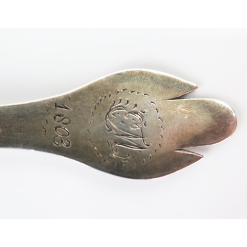 507 - William and Mary Silver Trifid Spoon with engraved rat tail to the back of the bowl, pricked IT EH 1... 