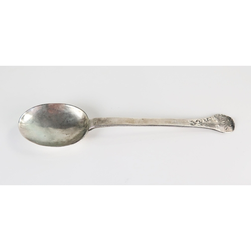 511 - A late 17th Century silver table spoon, rat tail bowl with traces of engraving on bowl back and stem... 