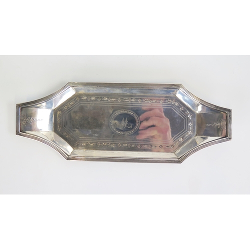 532 - A George III silver snuffer tray, of angular form, engraved and bright cut decoration with reeded bo... 