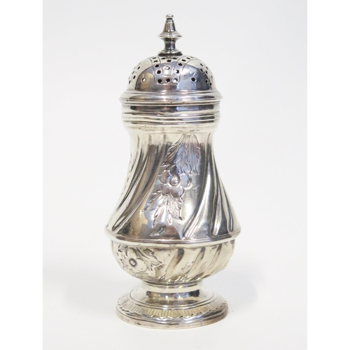 535 - A Georgian silver caster, of vase form, cast finial above a pierced domed lid, later decoration, mar... 