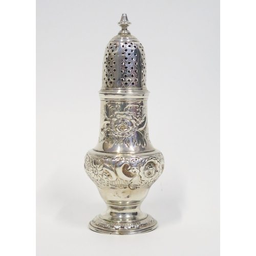 536 - A George III silver cruet caster, of vase shape, cast finial above a pull off pierced lid, embossed ... 