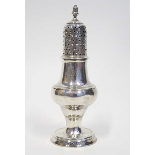 537 - A George III silver cruet caster, of vase shape, cast finial with pull of pierced lid, reeded decora... 