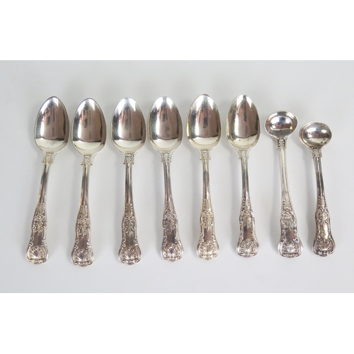 547 - Six Victorian silver teaspoons, Queens Pattern, together with pair of mustard spoons, London 1846, J... 