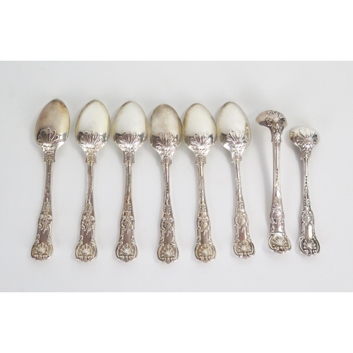 547 - Six Victorian silver teaspoons, Queens Pattern, together with pair of mustard spoons, London 1846, J... 