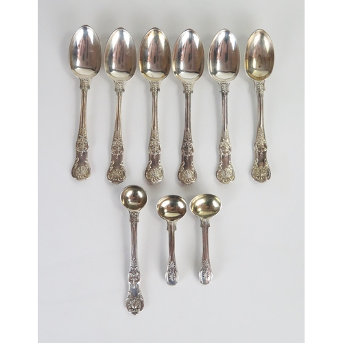 548 - Six Victorian silver teaspoons, Queens Pattern, London 1866,  together with a pair of salt spoons, L... 