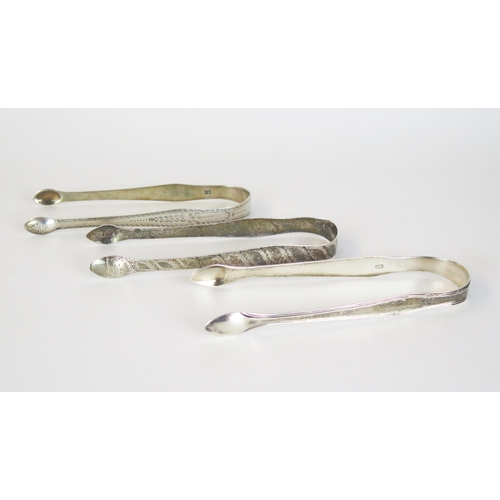 562 - Three George III silver sugar tongs, makers marks only for Hester Bateman, 95 grams, (3).