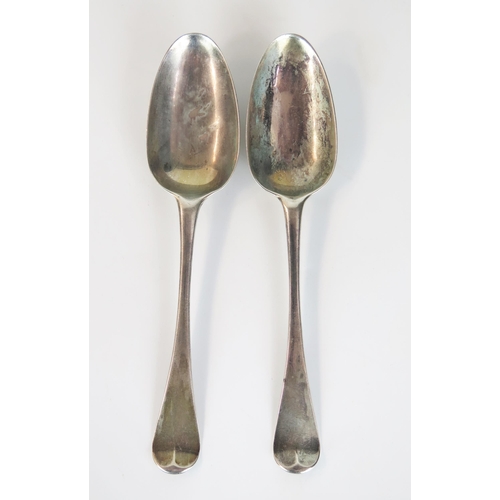 563 - A pair of George II silver table spoons, shell back bowl, engraved crest,  London 1758?, Richard Gos... 