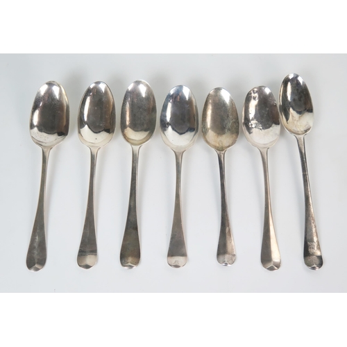 567 - A matched set of seven Georgian silver tablespoons, Old English Pattern, rat tail bowls, mostly Lond... 