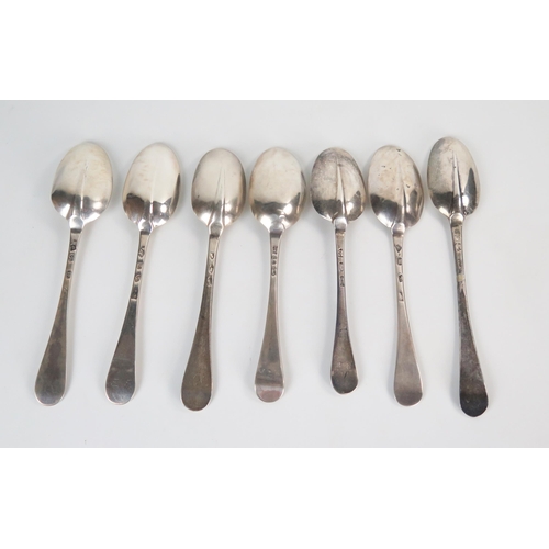 567 - A matched set of seven Georgian silver tablespoons, Old English Pattern, rat tail bowls, mostly Lond... 