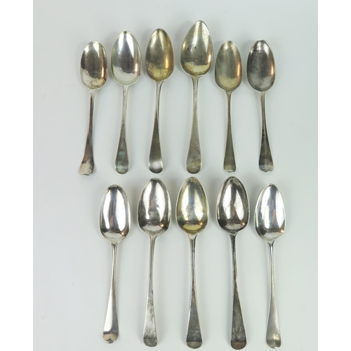 568 - A matched group of Georgian silver table spoons, London various dates and marks, 605grams, worn, (11... 