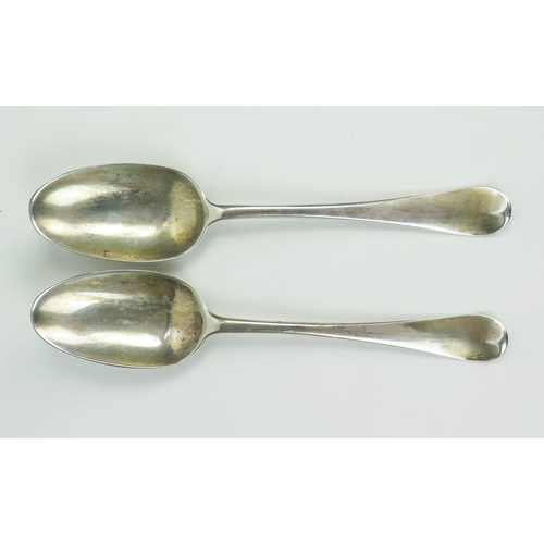 571 - A pair of George II silver table spoons, Old English Pattern, London 1743, marks rubbed, 130grams.