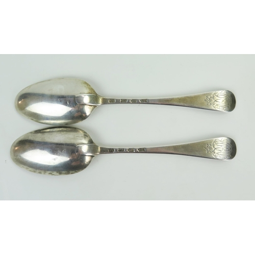 571 - A pair of George II silver table spoons, Old English Pattern, London 1743, marks rubbed, 130grams.