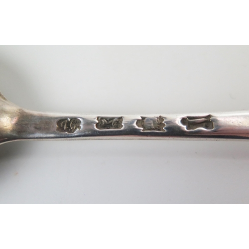 571 - A pair of George II silver table spoons, Old English Pattern, London 1743, marks rubbed, 130grams.