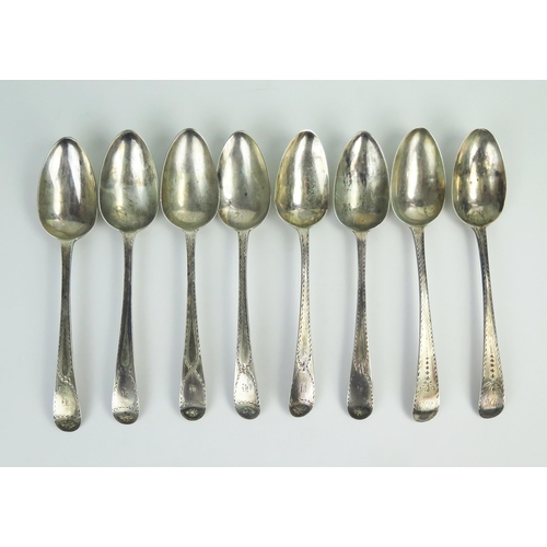 572 - A set of eight George III silver tablespoons, Old English Pattern, bright cut decorated, London 1783... 