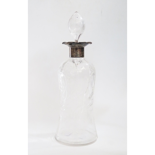 580 - An Edwardian carved glass and silver whiskey decanter and stopper, of wasted bottle form,  Birmingha... 