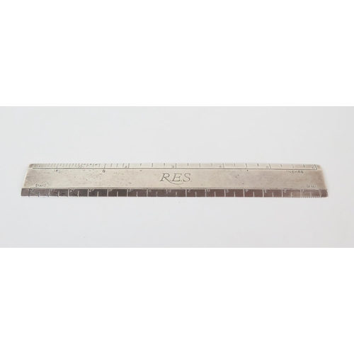 582 - A Elizabeth II silver jewellers 6 inch ruler, engraved conversion table to the reverse, engraved ini... 