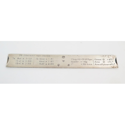 582 - A Elizabeth II silver jewellers 6 inch ruler, engraved conversion table to the reverse, engraved ini... 