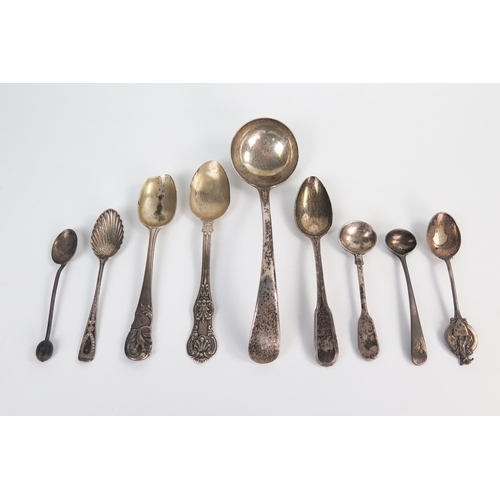 595 - A mixed group of silver, a sauce ladle, three teaspoons, two mustard spoons, three coffee spoons, va... 