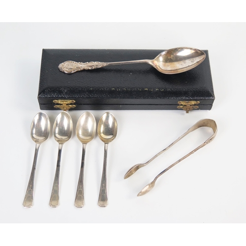 598 - A set of four silver coffee spoons, a cased jam spoon and a pair of sugar nips, various dates and ma... 