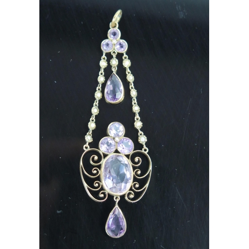 6 - Antique Amethyst and Seed Pearl Pendant in an unmarked gold setting, largest stone 12x9mm, c. 75mm d... 