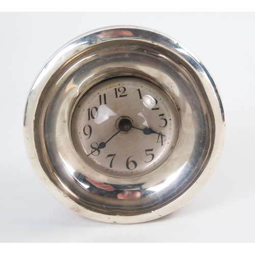 605 - An Edwardian silver and oak case travel watch, circular concave frame, oak back, bulls eye glass, pl... 