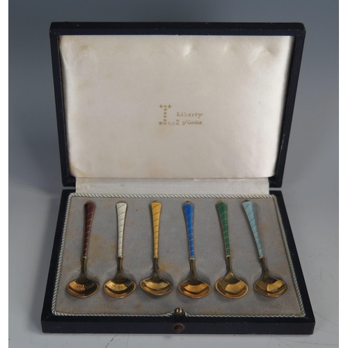 615A - Liberty Cased Set of Six Silver Gilt and Harlequin Enamel Coffee Spoons, 47.5g