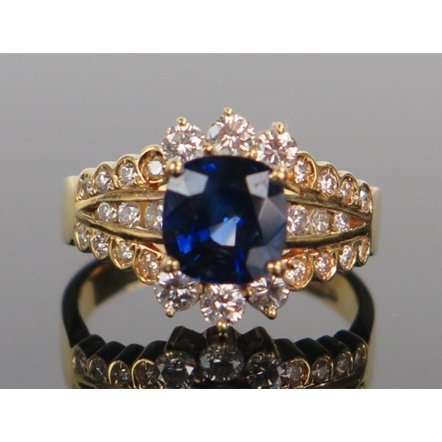 62 - Modern 18K Gold, Sapphire and Diamond Dress Ring, size N, 5.3g, central stone c. 7.5x7mm