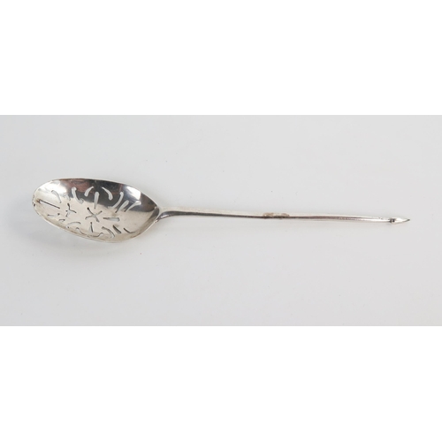 630 - An 18th Century silver mote spoon, with pierced bowl, slender tapering stem, mitre terminal, marks r... 