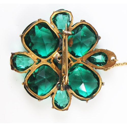 67 - Green Paste Brooch in a gold plated setting, c. 38mm wide, boxed