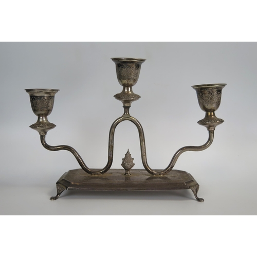 671 - Persian White Metal Three Light Candelabra, stamped VARTAN 84, c. 19.5cm high, 680g