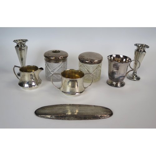 674 - London Silver Creamer and two handled sugar bowl, pair of small silver specimen vases, silver brush ... 