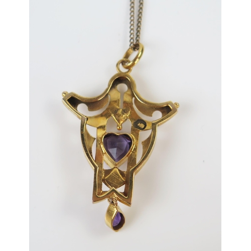 68 - Arts & Crafts Style 9ct Gold, Amethyst and Pearl Pendant, c. 50mm drop (2.9g) and on a gold plated c... 