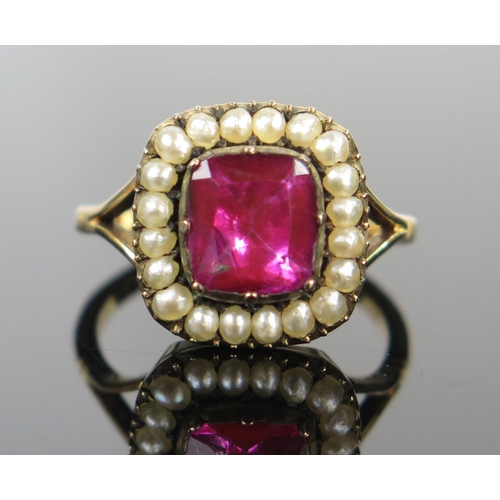 69 - Georgian Pearl and Foil Backed Pink Paste Dress Ring in an 9ct gold setting, size O.5, 4.2g