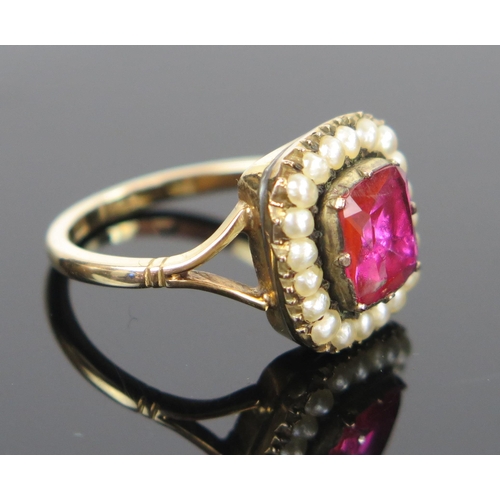 69 - Georgian Pearl and Foil Backed Pink Paste Dress Ring in an 9ct gold setting, size O.5, 4.2g