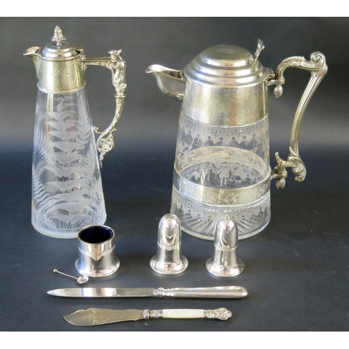 692 - Large Silver Plated Claret Jug with acid etched vine and grape decoration, another engraved with fer... 