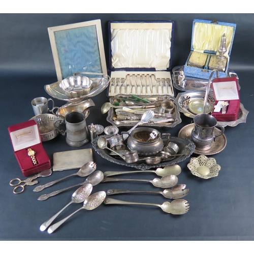 693 - Two Boxes of Silver Plate including  entre dish, swing handled dishes, flatware, photograph frame, e... 