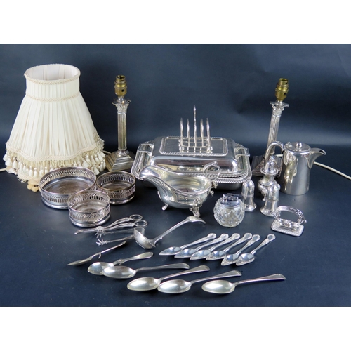 695 - Selection of Silver Plate including a pair of Corinthian column candlesticks, entrée dishes, sauce b... 