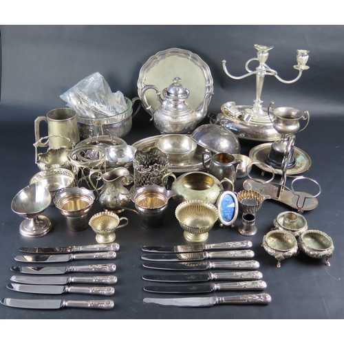 696 - Selection of Silver Plate including King's pattern flatware, three part tea set, salts, etc. (two bo... 