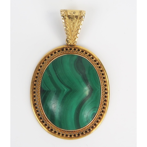 75 - Malachite Pendant in an unmarked 15ct gold setting, c. 50mm drop, 14.2g