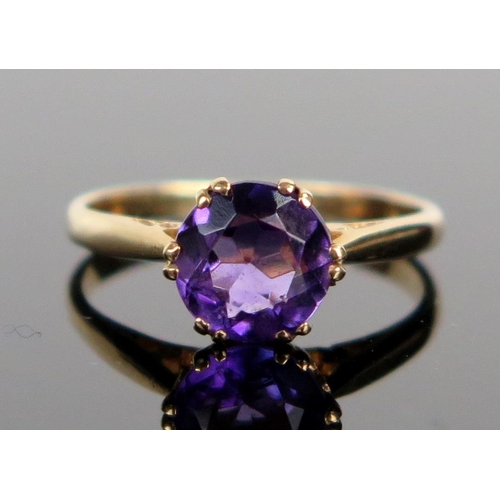 85 - 9ct Gold and Amethyst Solitaire Ring, size J.75, 1.7g, c. 7mm stone