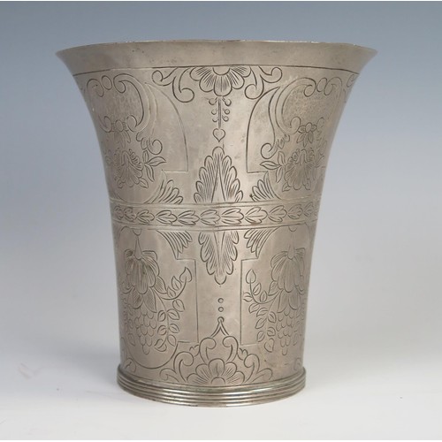 664 - An Arts and Crafts silver plate on copper beaker, of flared form, decorated in Renaissance Revival s... 