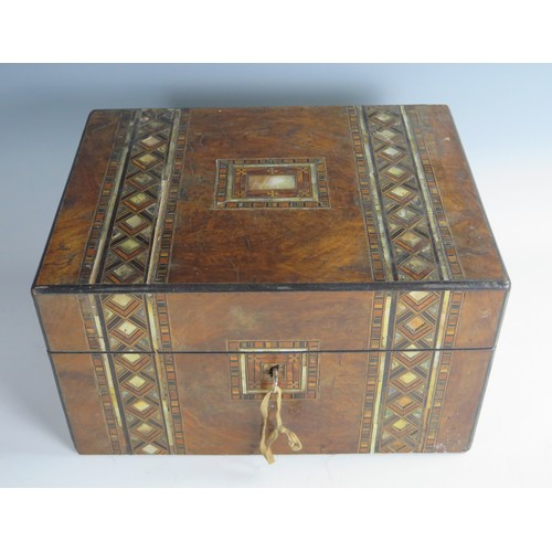 661 - A late Victorian ladies dressing case, burr walnut and parquetry inlaid with mother of pearl, fitted... 